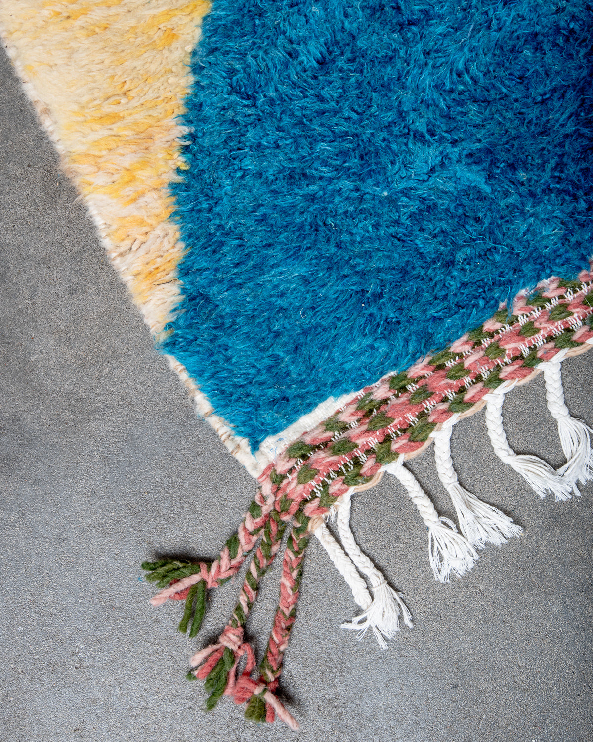 Modern, designer, handcrafted Berber rug from Morocco. Beniourain carpet with beautiful colours and patterns and fluffy wool texture.
